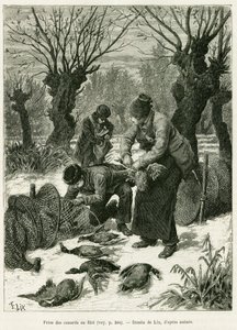 Fang ænder i nettet. Gravering af Lix, for at illustrere historien A Through Alsace and Lorraine, i 1887, af Charles Grad, tysk deputeret, i tour du monde 1888, instrueret af Edouard Charton (1807-1890), Hachette, Paris. af Frederic Theodore Lix