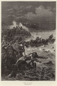 Combat de Quiberon. Tilhængere af Chouannerie og Vendee-oprøret forsøger at flygte fra republikanske styrker ved Quiberon, Frankrig, Den Franske Revolution af Frederic Theodore Lix