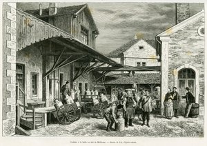 Mejeri i Mælkehallen i Mulhouse. Gravering af Lix til illustration af historien A travers l