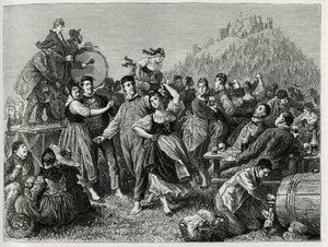 Fete des patres ved Hohneck (Vosges), søndag efter Saint John. Gravering af F.Lix, for at illustrere historien "Gennem Alsace og Lorraine", i 1884, af Charles Grad (1842-1890), tysk stedfortræder, forfatter og naturforsker. Udgivet i Le Tour du monde, nouv af Frederic Theodore Lix