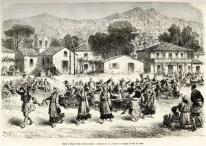 Folkedans på landsbytorvet Haggia Anna (St. Anne). Gravering efter tegningen af Lix, til illustration af rejsen i Grækenland, af Henri Belle, i 1861-1868-1874, udgivet i "" Le tour du monde""" 1876, redigeret af Edouard Charton, Hachette-udgaven, Paris af Frederic Theodore Lix