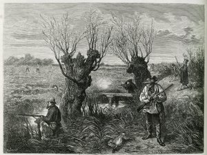 Hunt hare. Engraving by F.Lix, to illustrate the story "Through Alsace and Lorraine" ", in 1884, by Charles Graddani af Frederic Theodore Lix