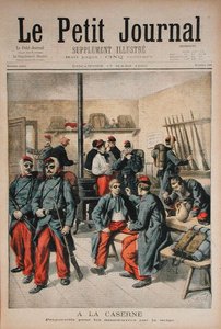 I kasernen, forberedelse til manøvrer i sneen, illustration fra Le Petit Journal, 17. marts 1895 af Frederic Theodore Lix