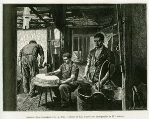 Inde i en ostefabrik. Gravering af Lix, for at illustrere historien A Through Alsace and Lorraine, af Charles Grad, tysk deputeret, i 1885, i tour du monde 1887, under ledelse af Edouard Charton (1807-1890), Hachette, Paris.