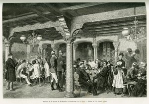 Interiør i Tiefenkeller-værtshuset i Strasbourg. Gravering af Lix, for at illustrere historien A Through Alsace and Lorraine, i 1887, af Charles Grad, tysk deputeret, i tour du monde 1888, instrueret af Edouard Charton (1807-1890), Hachette, Paris. af Frederic Theodore Lix