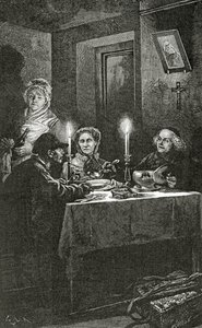 Jean Valjean modtages og passes af biskop Myriel, 1800-tallet (bw-gravering)