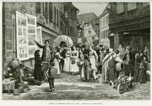 Klagesanger i Barrs gader. Gravering af Lix, for at illustrere historien A Through Alsace and Lorraine, i 1887, af Charles Grad, tysk deputeret, i tour du monde 1888, instrueret af Edouard Charton (1807-1890), Hachette, Paris. af Frederic Theodore Lix