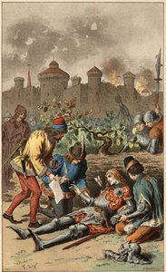 Populær sang: "It was the Grand Duke of Maine"". Hertugen af Maines død, gennemboret af en pil. Illustration af Frederic Theodore Lix (1830-1897) i "" Chansons et rounds enfantines des provinces de la France"" af Frederic Theodore Lix