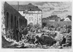 Fanger i det centrale hus, der arbejder på fundamentet af Ensisheim-cellefængslet. Gravering af Lix til illustration af historien A travers l