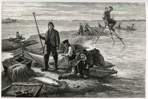 Laksefiskeri. Gravering af F.Lix, for at illustrere historien "Gennem Alsace og Lorraine", i 1884, af Charles Grad (1842-1890), tysk stedfortræder, forfatter og naturforsker. Udgivet i Le Tour du monde, nouveau journal des voyages, 2. semester 1885, redige af Frederic Theodore Lix
