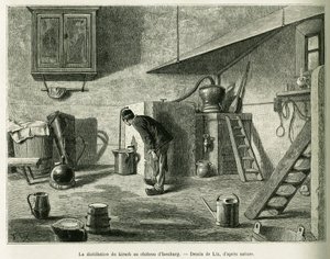 Destillationen af kirsch på slottet Isenburg. Gravering af Lix, for at illustrere historien A Through Alsace and Lorraine, i 1887, af Charles Grad, tysk deputeret, i tour du monde 1888, instrueret af Edouard Charton (1807-1890), Hachette, Paris.