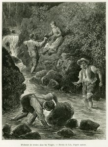 Ørredfiskere i Vogeserne. Gravering af Lix, for at illustrere historien A Through Alsace and Lorraine, af Charles Grad, tysk deputeret, i 1885, i tour du monde 1887, under ledelse af Edouard Charton (1807-1890), Hachette, Paris.