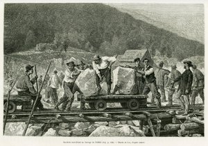 Arbejdere, der arbejder ved Alfeld-dæmningen. Gravering af Lix til illustration af historien A travers l