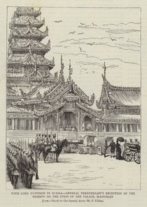 Med Lord Dufferin i Burma, general Prendergasts modtagelse af vicekongen på trappen til paladset, Mandalay af Frederic Villiers