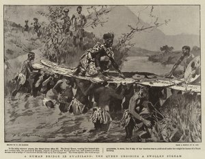 En menneskelig bro i Swaziland, dronningen krydser en opsvulmet strøm af Frederic de Haenen