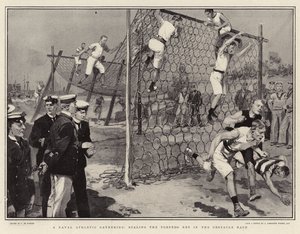En flådeatletisk samling, der skalerer Torpedo-nettet i forhindringsløbet af Frederic de Haenen