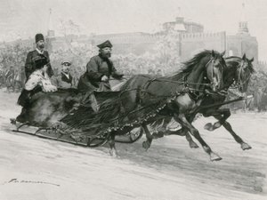 En slæde med blåt silkenet, for at forhindre sneen i at sprøjte beboerne, Kreml i baggrunden af Frederic de Haenen