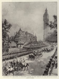 Kroningsdag, scenen på Parliament Square ved ankomsten af prinsen af Wales af Frederic de Haenen