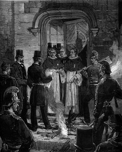 Udvisning af dominikanere fra Rue de Jean de Beauvais i Paris som følge af dekreterne fra marts 1880, truffet af Jules Ferry og fjernelse af retten til at undervise medlemmer af uautoriserede religiøse menigheder: læsning af meddelelsen om dekreter til R.P af Frederic de Haenen