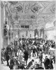 Indvielse af Hotel de Ville de Paris den 14. juli 1882, genopbygget efter branden i 1871: udsigt over byrådslokalet ved ankomsten af præsident Jules Grevy (1807-1891). Indgravering af De Haenen og Dosso i "" The Illustrous World"" nr. 1321 af 22. juli af Frederic de Haenen