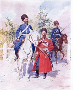 Russiske soldater ca. 1900 (farve litho) af Frederic de Haenen