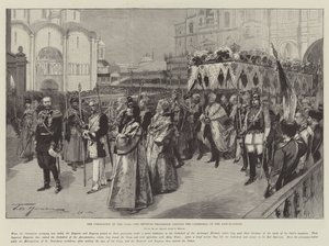 Kroningen af zaren, den kejserlige procession, der forlader bebudelseskatedralen af Frederic de Haenen