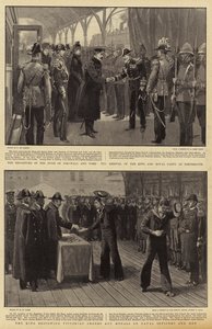 Hertugen af Cornwall og Yorks afgang, kongen og det kongelige partis ankomst til Portsmouth, kongen skænker victorianske ordrer og medaljer til søofficerer og mænd af Frederic de Haenen