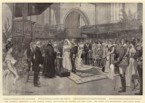 Bryllupsceremonien i Groote Kerke, udført af pastor Van der Vlier, bruden og brudgommen udveksler ringe af Frederic de Haenen