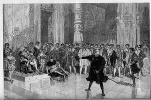 Teaterfremstilling: "Kongen har det sjovt" af Victor Hugo (1808-1883). Akt I scene 5: et værelse på Louvre, forbandelsen. M. de Saint Vallier (Saint-Vallier) før kong Francois I (Mounet Sully (eller Mounet Sully) 1841-1916) og narren Triboulet (Edmond) af Frederic de Haenen