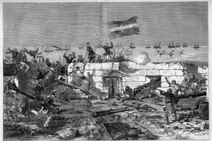Tunesien, juli 1881: Franske tropper indtog byen Stax efter indbyggernes oprør mod det franske protektorat Tunesien. Marinerifler tager det cirkulære batteri af. Indgravering af De Haenen i "" The Illustrous World"" nr. 1273 af 20. august af Frederic de Haenen