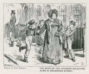 Drengene fra Wellington House Academy beder om almisser i Drummond Street (gravering) af Frederick (after) Barnard