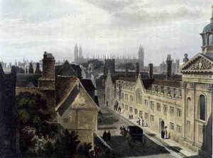 Ydersiden af Pembroke College, set fra et vindue i Peterhouse, Cambridge, fra "The History of Cambridge", graveret af Joseph Constantine Stadler (fl.1780-1812), udgivet af R. Ackermann.