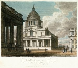 Udsigt over Greenwich Hospital (Kent, England), beskrivelse af kuplen og det nordøstlige hjørne af kong Williams (William) gård, med hallens nordfacade malet bagved, og med en del af dronning Marys gård og kapel af Frederick (after) Nash