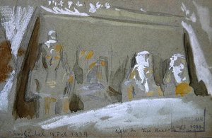 Fire kolossale statuer af Ramses II ved det store tempel i Abu Simbel af Frederick Arthur Bridgman