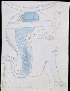 Studie af et relief af hovedet af guden Khonsu i templet Seti I, Abydos, 1874 (blyant og wc på papir)