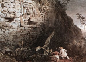 Jæger og hans guide foran mayahovedet Itzam Na af Frederick Catherwood