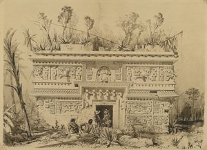 Las Monjas, Chichen Itza, Yucatan, 1843 (sepia blæk & vask på vævet papir) af Frederick Catherwood