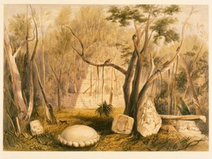 Pyramidal bygning og fragment af skulptur ved Copan, illustration fra 