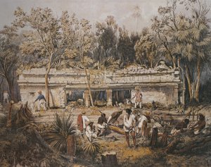 Arkæologerne Frederick Catherwood og John Lloyd Stephens måler templet i Tulum, Yucatan, Mexico, illustration fra 