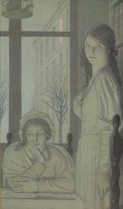 Interiør - Aften, 1915 (blyant, vask og gouache) af Frederick Cayley Robinson