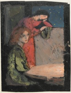 To piger ved et bord Se ud på en stjerneklar nat, 1905 (tempera på kort) af Frederick Cayley Robinson