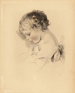 Portræt af Henry Bloxam, nevø til Sir Thomas Lawrence. Dreng i kjole med blåt bånd. Håndtonet gravering af Frederick Christian Lewis efter en illustration af Sir Thomas Lawrence fra P.G. Patmore