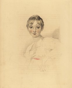 Portræt af Lucy Meredith, niece af Sir Thomas Lawrence. Ung pre-teen pige i hvid kjole med pink bånd bælte. Håndtonet gravering af Frederick Christian Lewis efter en illustration af Sir Thomas Lawrence fra P.G. Patmore
