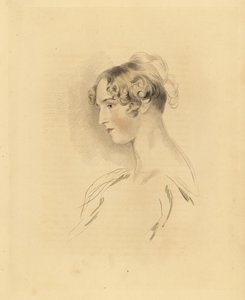 Portræt af Mary Isabella Bloxam som ung kvinde, niece til Sir Thomas Lawrence. Med håret op og krøllet, i en off-the-shoulder kjole. Indgravering af Frederick Christian Lewis efter en illustration af Sir Thomas Lawrence fra P.G. Patmores kabinet af G