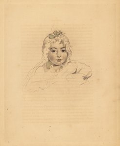 Portræt af Mary Isabella Bloxam, niece til Sir Thomas Lawrence. I motorhjelm med bånd. Håndtonet gravering af Frederick Christian Lewis efter en illustration af Sir Thomas Lawrence fra P.G. Patmore