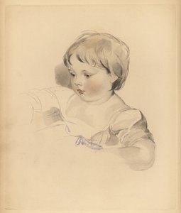 Portræt af Rowland Bloxam, nevø til Sir Thomas Lawrence. Buttet dreng i kjole bundet med blåt bånd. Håndtonet gravering af Frederick Christian Lewis efter en illustration af Sir Thomas Lawrence fra P.G. Patmore
