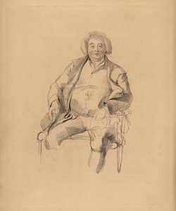 Portræt af Sir Thomas Lawrences far, kroejer Thomas Lawrence. Portly mand i paryk siddende på en stol. Håndtonet gravering af Frederick Christian Lewis efter en illustration af Sir Thomas Lawrence fra P.G. Patmore