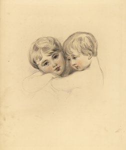 Portræt af Calmeady-børnene i en omfavnelse. Håndtonet gravering af Frederick Christian Lewis efter en illustration af Sir Thomas Lawrence fra P.G. Patmore