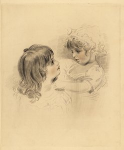 Portræt af to børn. Den ældste holder et modvilligt yngre barn i motorhjelm og kjole. Håndtonet gravering af Frederick Christian Lewis efter en illustration af Sir Thomas Lawrence fra P.G. Patmore