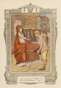 "Fru Siddons vendte sig om for at betale sine bærere" (farvelitografi) af Frederick Colin Tilney